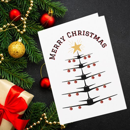 Airplane Christmas Tree Family Photo Simple Custom Karte