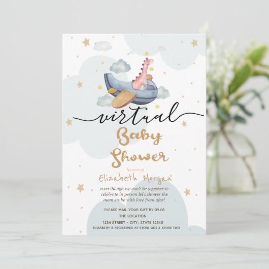 Airplane Dino Clouds Stars Virtual Baby Dusche Einladung (Stehend Vorderseite)