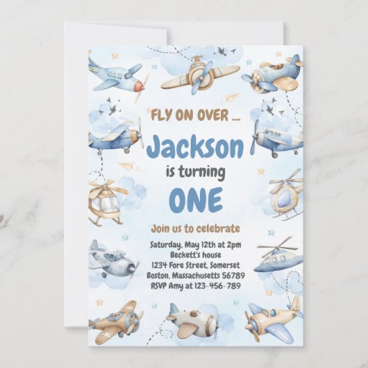 Airplane Fly On Over Boy Birthday Invitation Einladung (Vorderseite)