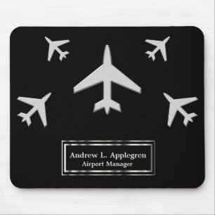 Airplane in a Faux Silver on Black Mousepad