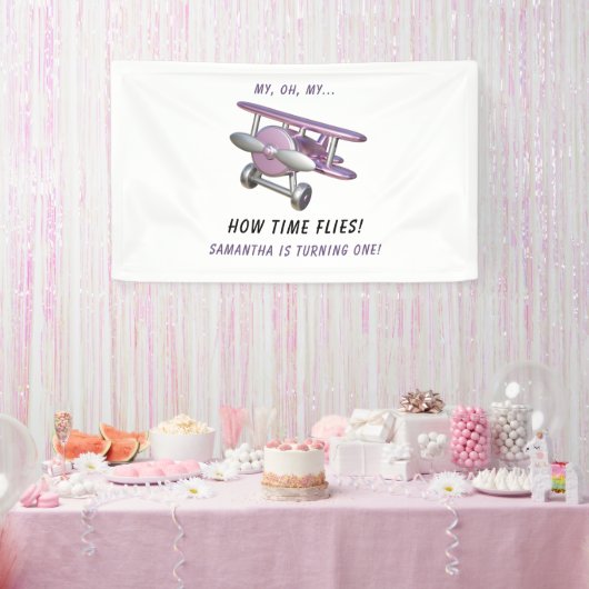 Airplane Oh My Time Flies Travel First Birthday  Banner (Party)