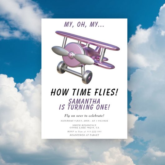 Airplane Oh My Time Flies Travel First Birthday Einladung