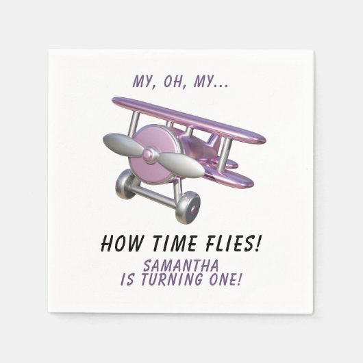 Airplane Oh My Time Flies Travel First Birthday Serviette (Vorderseite)
