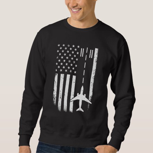 Airplane Pilot American Flag Airport Runway Funny Sweatshirt (Vorderseite)