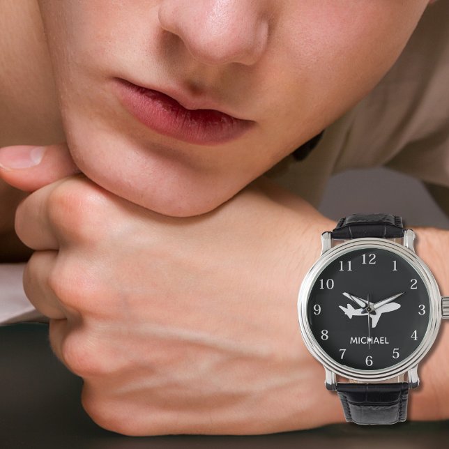 Airplane Pilot Aviation Black and White Custom   Armbanduhr (Von Creator hochgeladen)