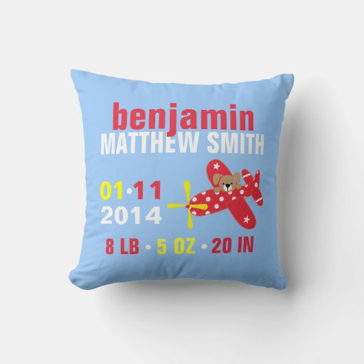 Airplane Puppy Custom Baby Birth Ankündigung Kissen (Vorderseite)