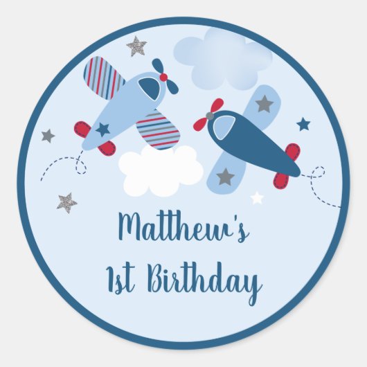 Airplane Stars Clouds Boy Geburtstag Runder Aufkleber (Vorderseite)