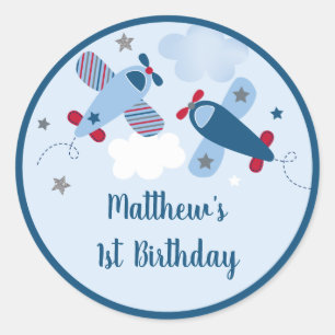 Airplane Stars Wolken Boy Geburtstag Runder Aufkleber