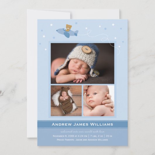 Airplane Teddy Baby Boy Blue und Slate Foto Birth Ankündigung (Vorderseite)