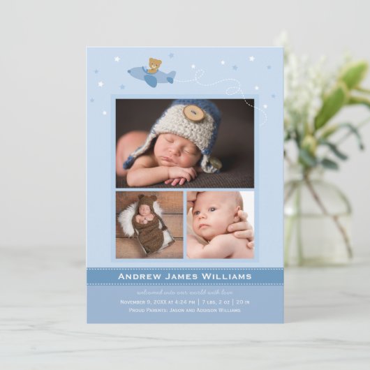 Airplane Teddy Baby Boy Blue und Slate Foto Birth Ankündigung (Stehend Vorderseite)
