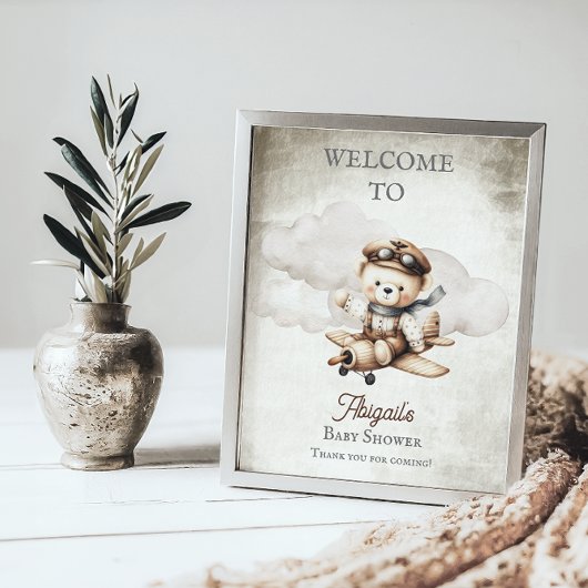 Airplane Teddy Bear Baby Dusche Begrüßungszeichen Poster