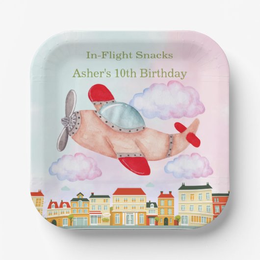 Airplane with Cityscape In-Flight Snacks Birthday Pappteller (Vorderseite)