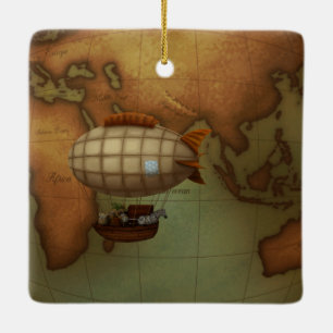 Airship Flying Over Eastern Hemisphere Map Keramikornament