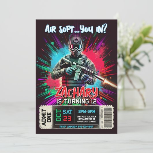 Airsoft Birthday Invitation | Action-Packed Invite Einladung (Stehend Vorderseite)