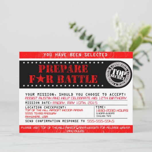 Airsoft 'Prepare for Battle' 12x18 Einladung (Stehend Vorderseite)