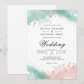 Airy Aquamarin Coral Blüh Wedding Einladung (Vorne/Hinten)