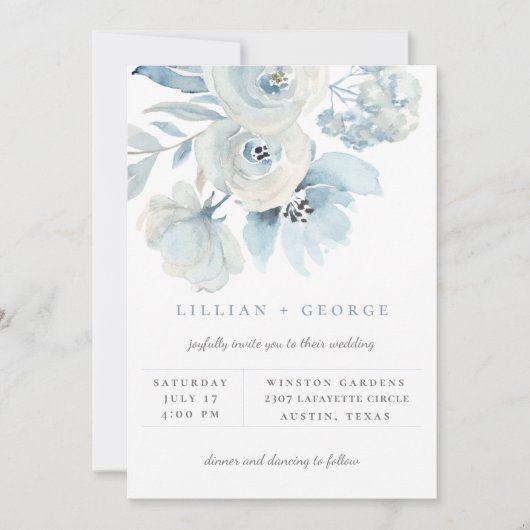 Airy Blue Floral Bouquet Einladung zur Hochzeit (Vorderseite)