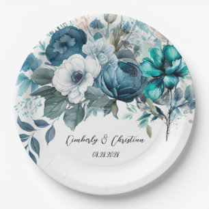 Airy Blue und Aquamarin Peony Rustic Wedding Pappteller
