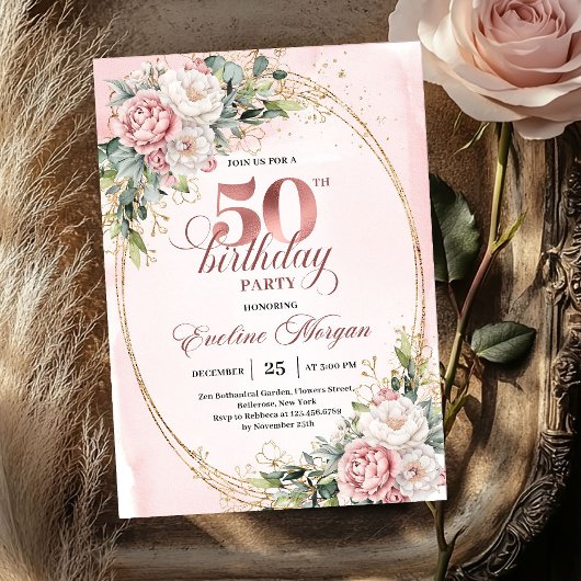 Airy Blush Watercolor 50th Birthday Invitation Einladung