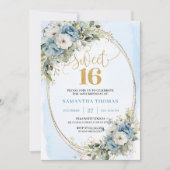 Airy Dusty Blue Floral Greenery Sweet 16th Invite Einladung (Vorderseite)