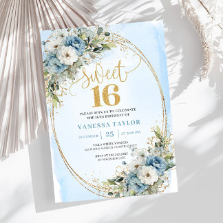 Airy Dusty Blue Floral Greenery Sweet 16th Invite Einladung