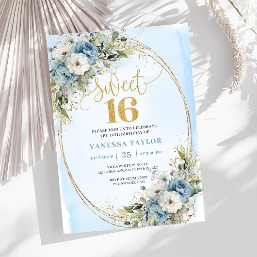 Airy Dusty Blue Floral Greenery Sweet 16th Invite Einladung