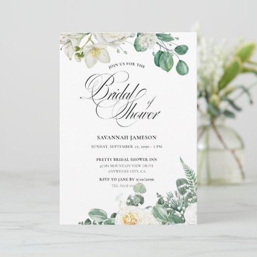 Airy Eucalyptus Greenery Boho Rustic Brautparty Einladung (Stehend Vorderseite)