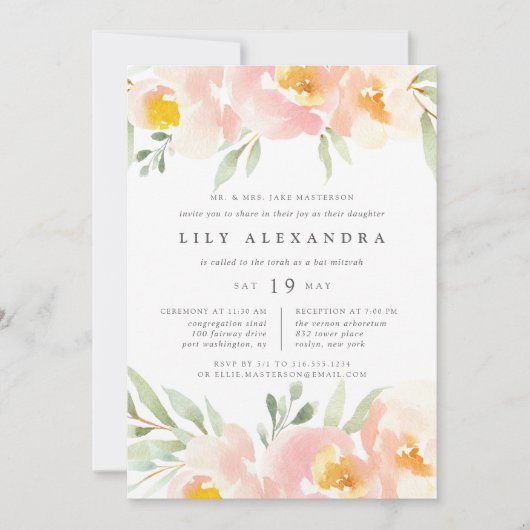 Airy Floral Bat Mitzvah Einladung (Vorderseite)