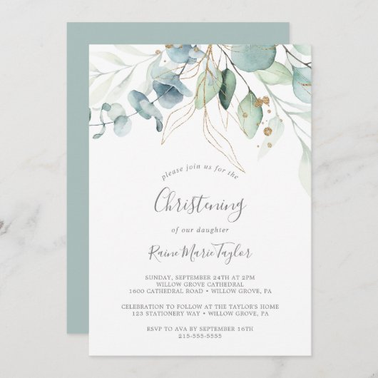 Airy Greenerity und Gold Leaf Christening Einladung (Vorne/Hinten)
