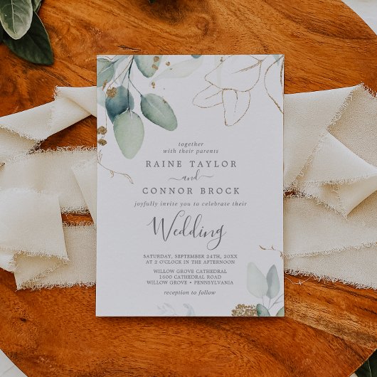 Airy Greenerity und Gold Leaf Wedding Einladung