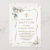 Airy Greenery Blume Gold Cross Twins Taufe Einladung (Vorne/Hinten)