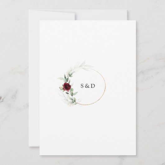 Airy Greenery Burgundy Floral Gold Wedding Einladung (Rückseite)