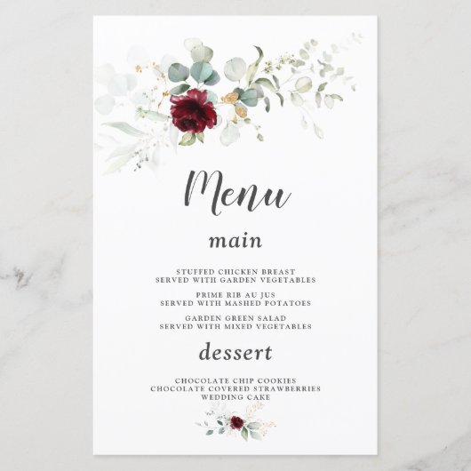 Airy Greenery Burgundy Floral Gold Wedding Menu (Vorderseite)