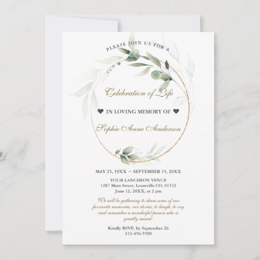 Airy Greenery Feier zum Gedenken an die Beerdigung Einladung (Vorderseite)