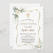 Airy Greenery Gold Frame White Floral Christening Einladung (Vorne/Hinten)