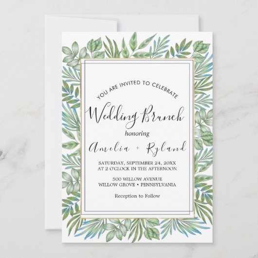 Airy Greenery & Gold Leaf Wedding Brunch Einladung (Vorderseite)