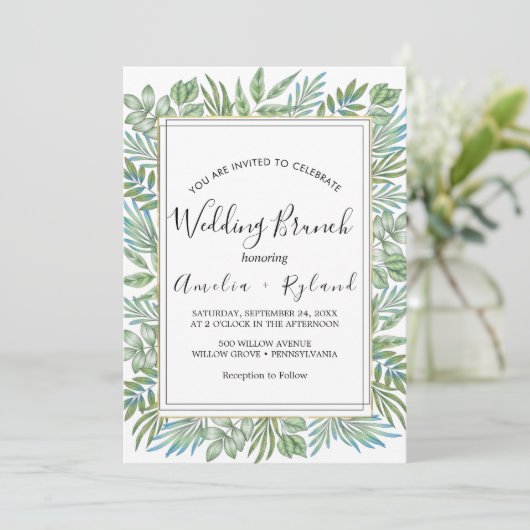 Airy Greenery & Gold Leaf Wedding Brunch Einladung (Stehend Vorderseite)