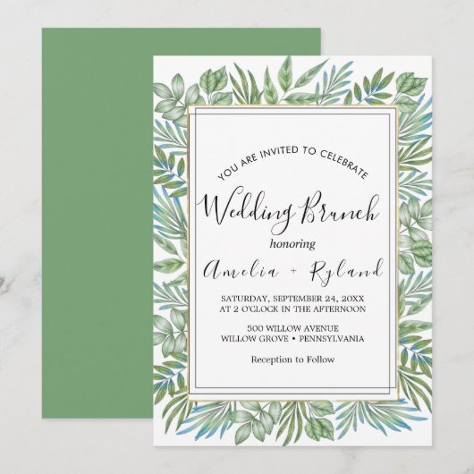 Airy Greenery & Gold Leaf Wedding Brunch Einladung (Vorne/Hinten)