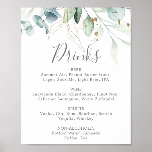Airy Greenery & Gold Leaf Wedding Drinks Menü Unte Poster (Vorne)