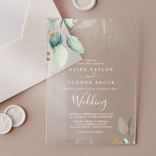 Airy Greenery Gold Leaf White Eucalyptus Wedding Acryleinladungen