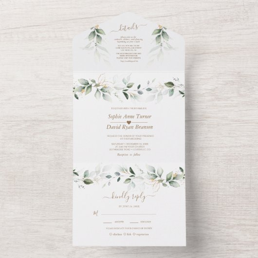 Airy Greenery Gold Monogram All in one Wedding All In One Einladung (Innen Boden)