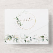 Airy Greenery Gold Monogram All in one Wedding Einladung (Rückseite)