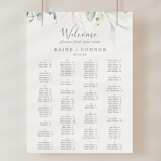 Airy Greenery Gold Wedding Seating Chart Template Poster