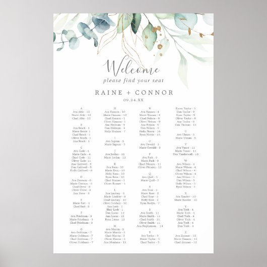 Airy Greenery Gold Wedding Seating Chart Template Poster (Vorne)