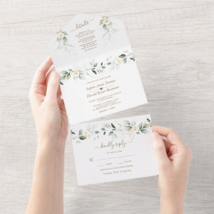 Airy Greenery Gold White Floral Wedding All In One Einladung
