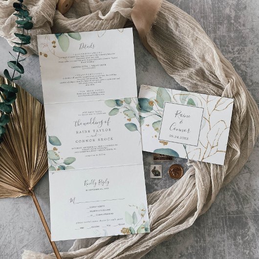 Airy Greenery | Leaf Back Wedding All in one Dreifach Gefaltete Einladung