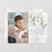Airy Greenery Marble Foto Boy Gold Taufe Dankeskarte (Vorne/Hinten)