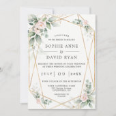 Airy Greenery Pink Blume Gold in einer Hochzeit Einladung (Vorderseite)