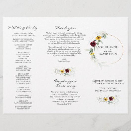 Airy Greenery Sunflowers Burgundy Hochzeit im Herb Flyer (Vorne)