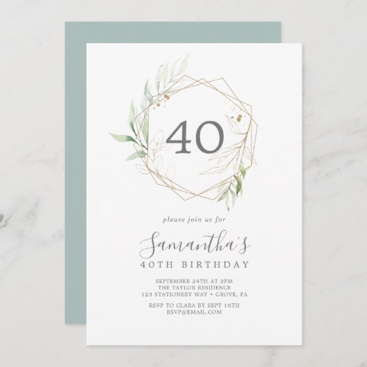 Airy Greenery und Gold Leaf 40. Geburtstag Einladung (Vorne/Hinten)